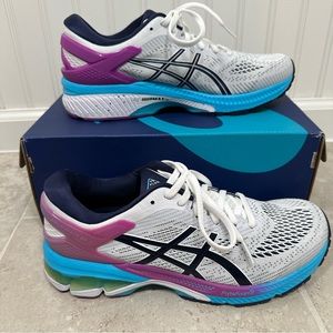 ASICS Gel-Kayano 26 women’s sneakers, Size 10, white with blue and purple